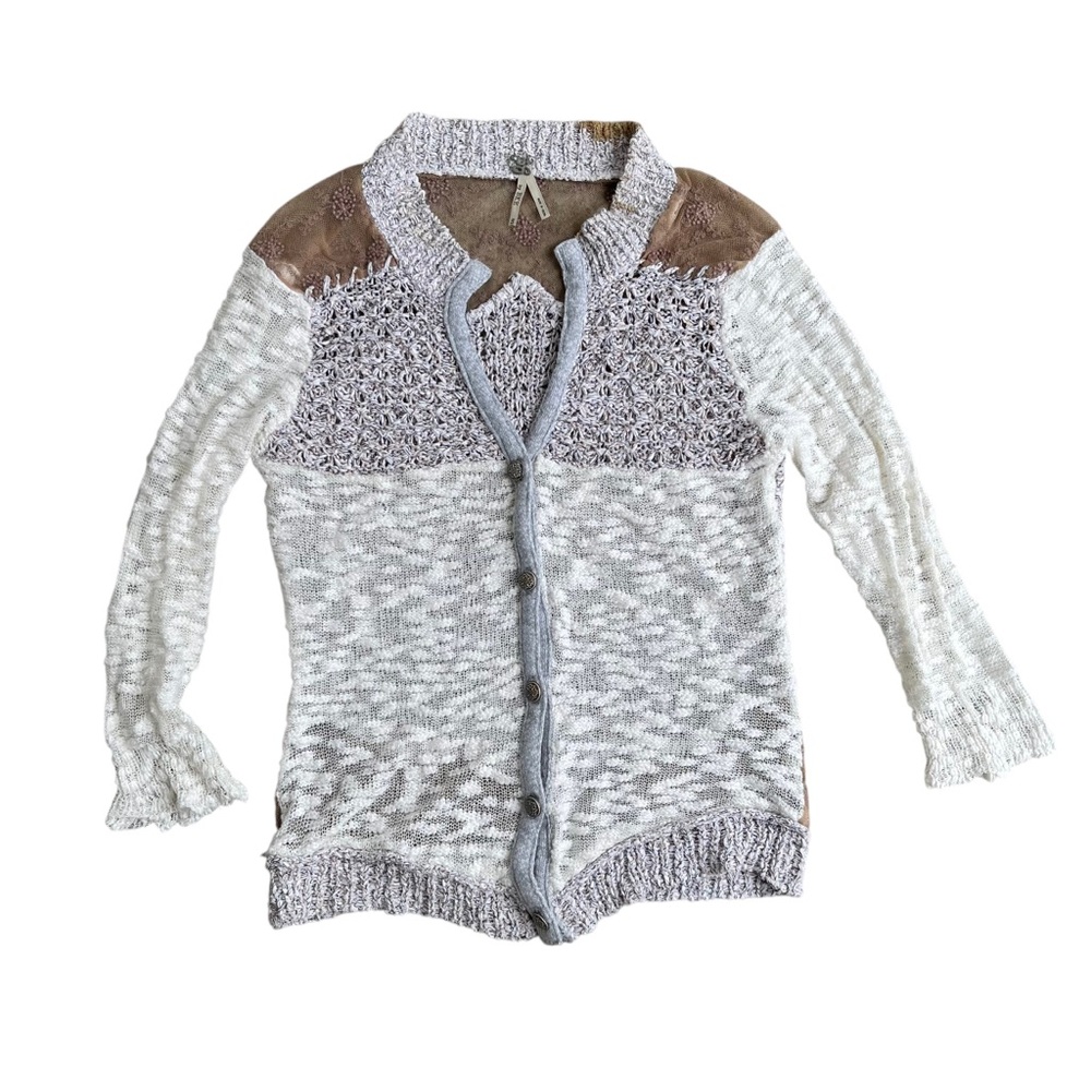 BKE Women’s Cream Knitted Lace Button Down Cardigan Sweater